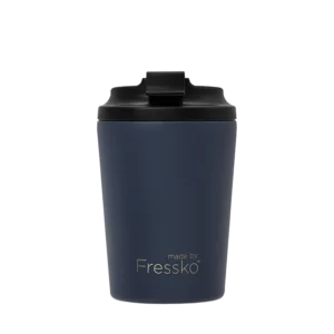 Stainless steal reusable coffee cup in denim colour with black lid.