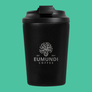 Stainless Steel black reusable coffee cup with Eumundi Coffee logo.