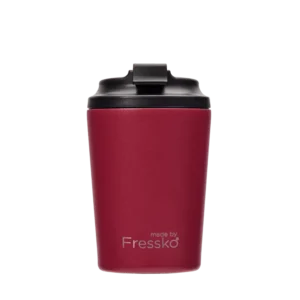 Stainless steal reusable coffee cup in dark red colour with black lid.