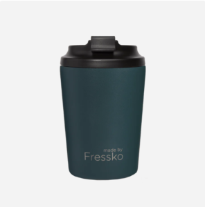Stainless steal reusable coffee cup in emerald green colour with black lid.