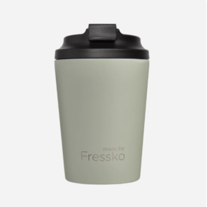 Stainless steal reusable coffee cup in sage green colour with black lid.