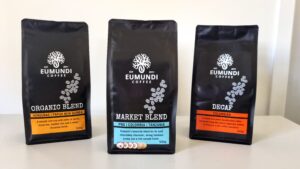 3 bags of coffee, Eumundi Coffee Market Blend, Organic Blend, and Decaf Coffee
